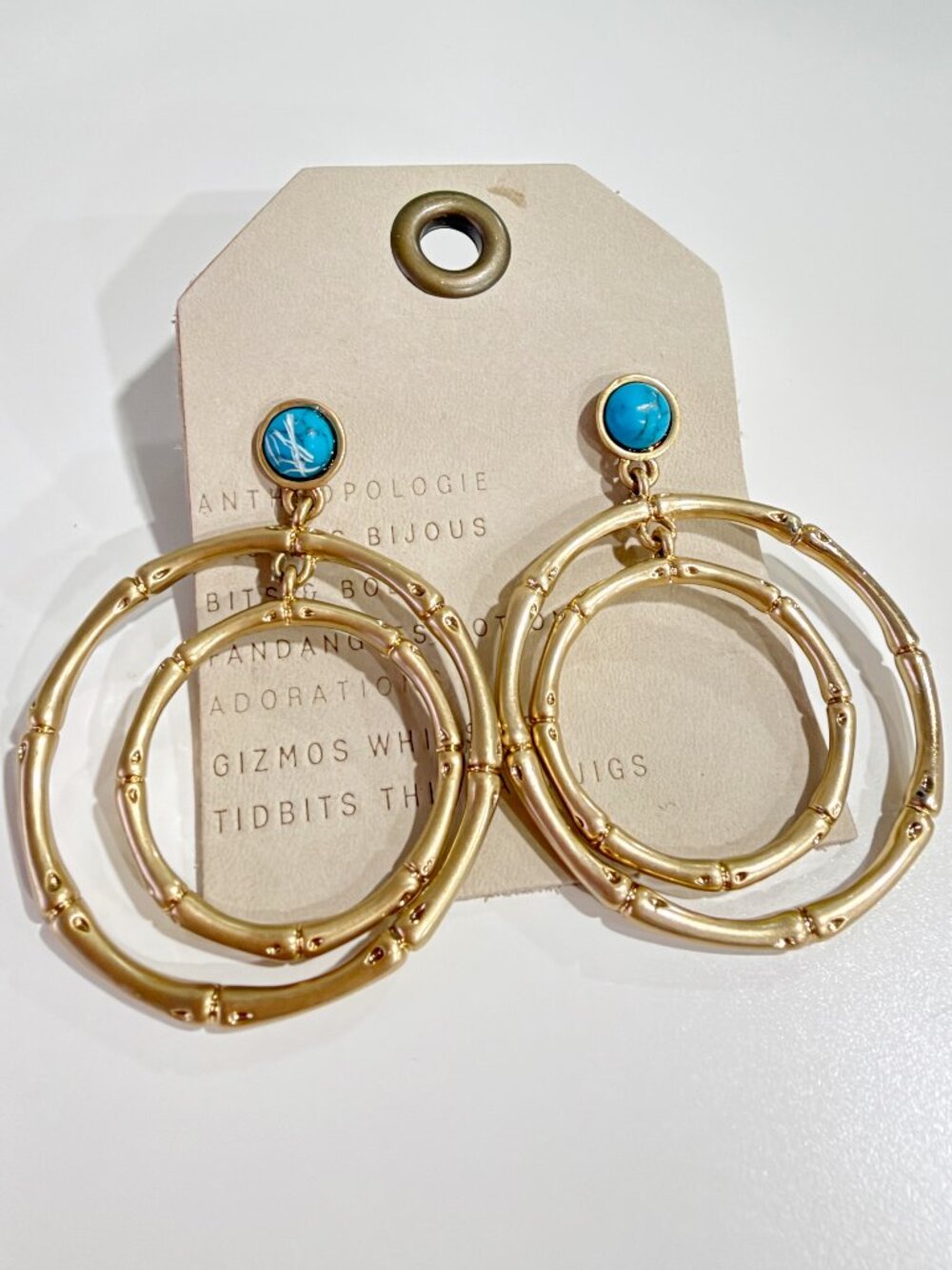 Anthropologie Stone Bamboo Hoop Drop Earrings